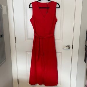 Red Tahari wide leg linen jumpsuit with belt